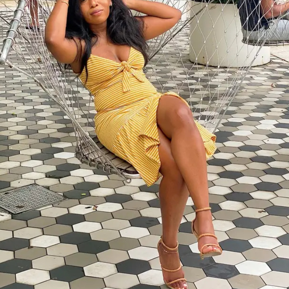 Saylor Mustard Striped Midi Slip Dress MEDIUM Bodycon Vacation Bow Pinup $200 - Picture 5 of 15